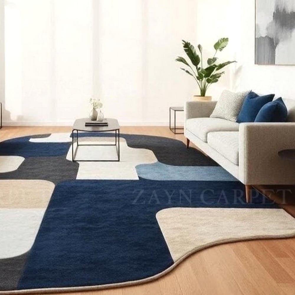 Handcrafted Blue Grey Abstract Modern Living Rug